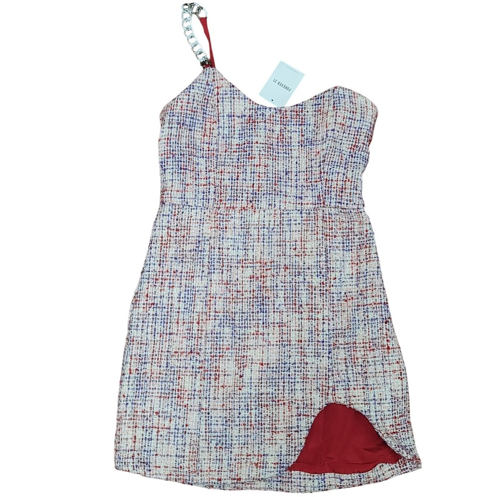 Forever 21 Tweed ChainStrap Mini Dress Red White Blue Sweetheart Neckline S Y2K